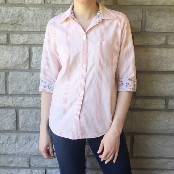 90s Peach Pinstripe Button Down - Elbow Length Sleeves - Picture 1 of 4